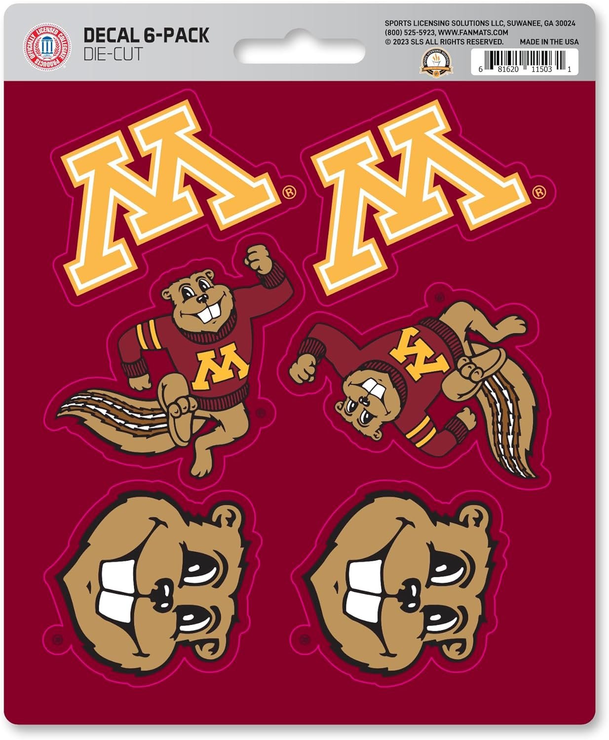 University of Minnesota Golden Gophers 6-Piece Decal Sticker Set, 5x6 Inch Sheet, Gift for football fans for any hard surfaces around home, automotive, personal items