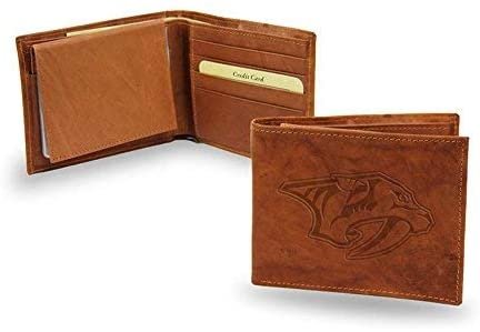 Nashville Predators Premium Brown Leather Wallet, Bifold Billfold, Embossed Laser Engraved