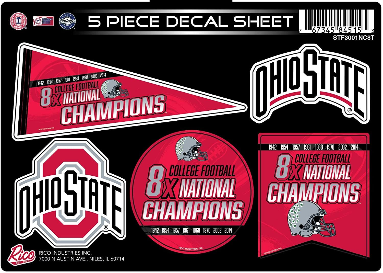 Ohio State Buckeyes 8X Time Champions Decal Sticker Multi Sheet 5 Piece College Football Flat Vinyl Emblem University of