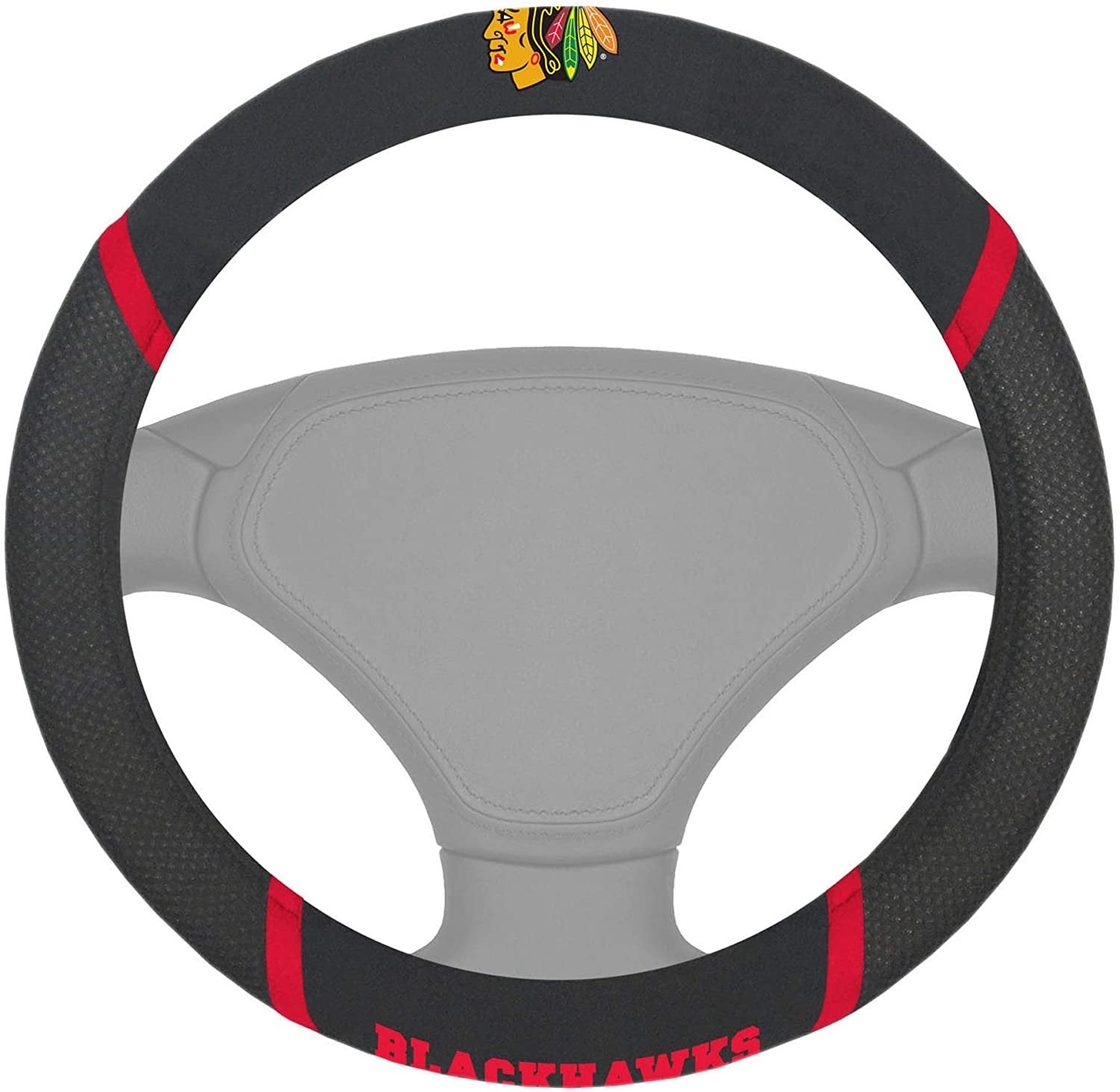 Chicago Blackhawks Steering Wheel Cover Premium Embroidered Black 15 Inch