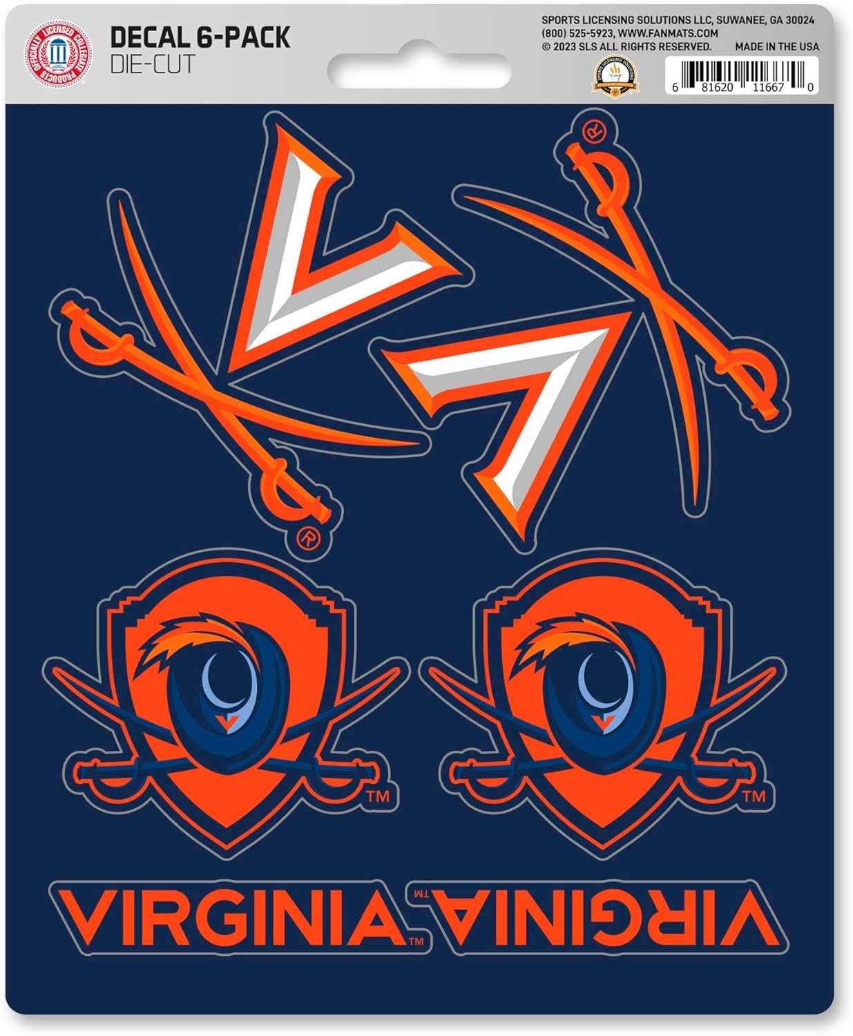 University of Virginia Cavaliers 6-Piece Decal Sticker Set, 5x6 Inch Sheet, Gift for football fans for any hard surfaces around home, automotive, personal items