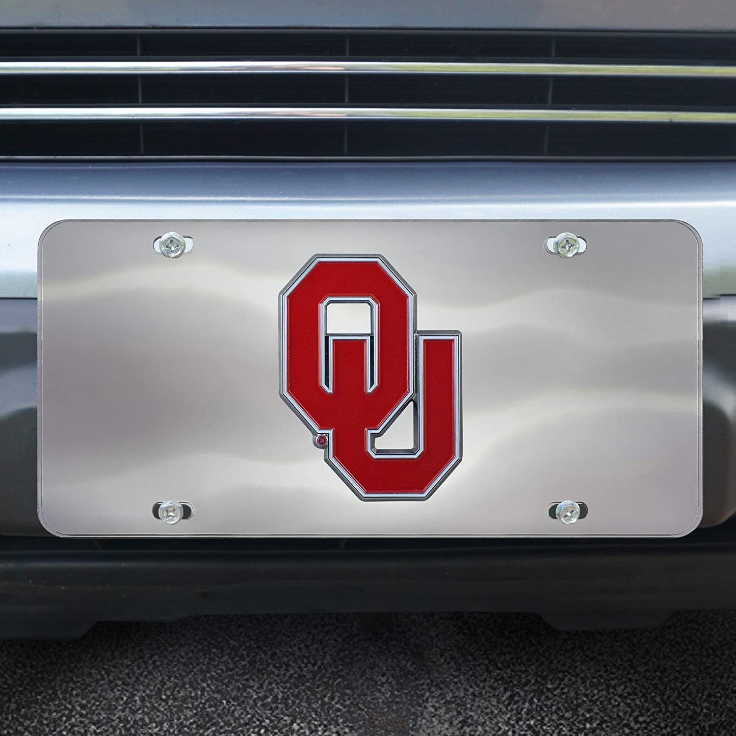University of Oklahoma Sooners License Plate Tag, Premium Stainless Steel Diecast, Chrome, Raised Solid Metal Color Emblem, 6x12 Inch