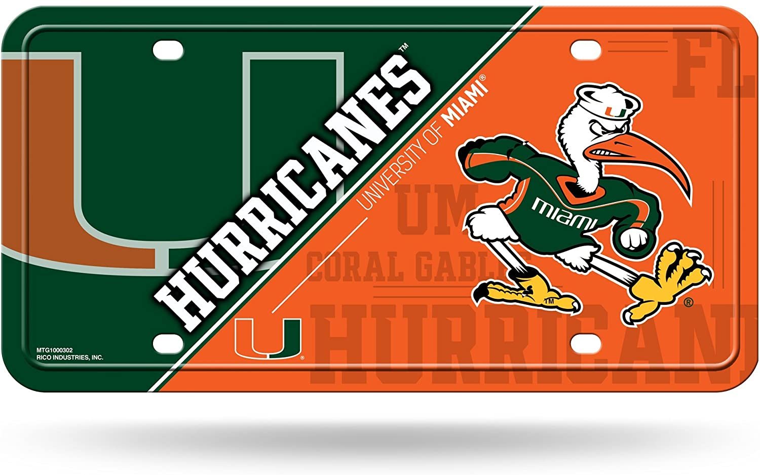 University of Miami Hurricanes Metal Auto Tag License Plate, Split Design, 12x6 Inch