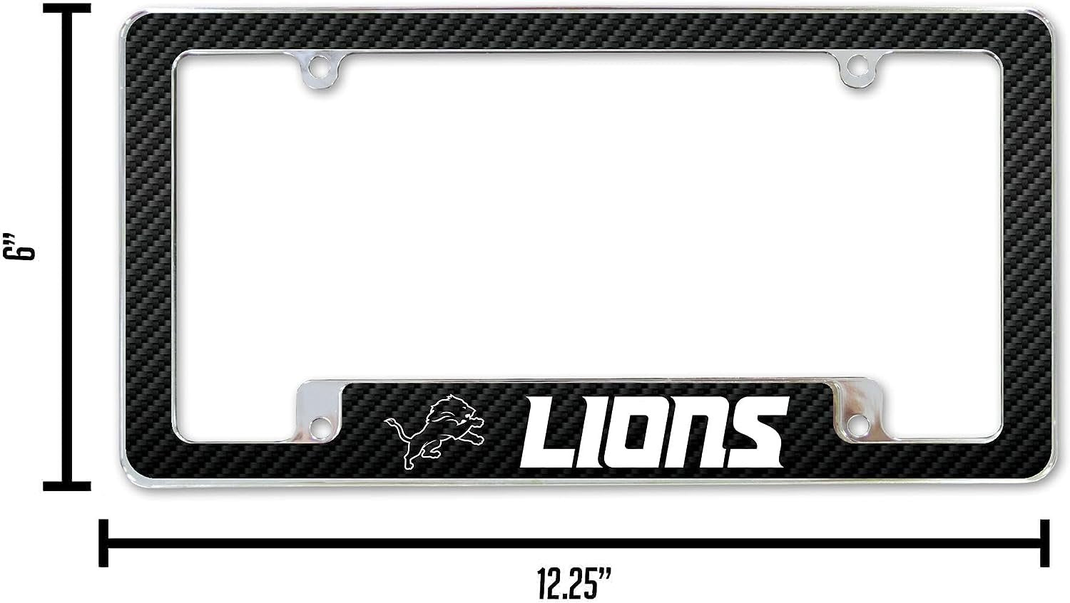 Detroit Lions Metal License Plate Frame Chrome Tag Cover Carbon Fiber Design 6x12 Inch