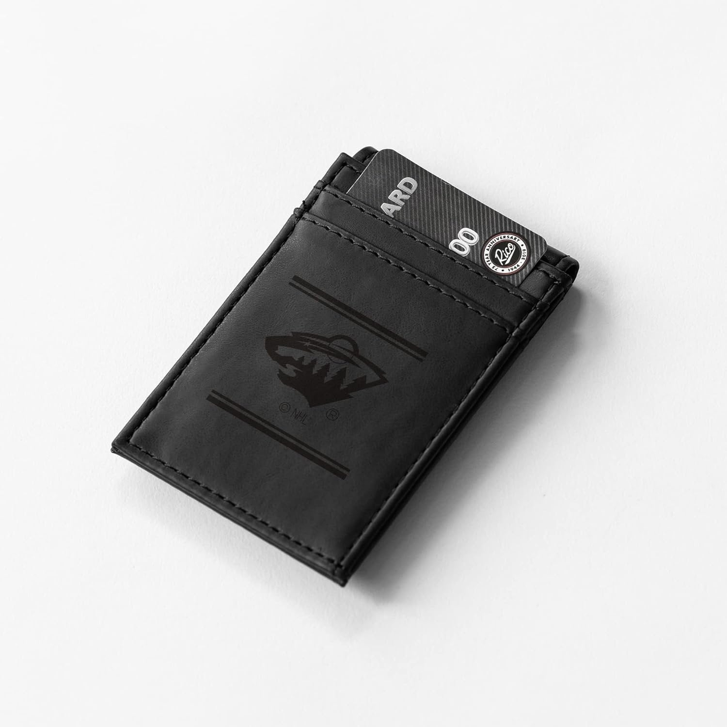 Minnesota Wild Premium Black Leather Wallet, Front Pocket Magnetic Money Clip, Laser Engraved, Vegan