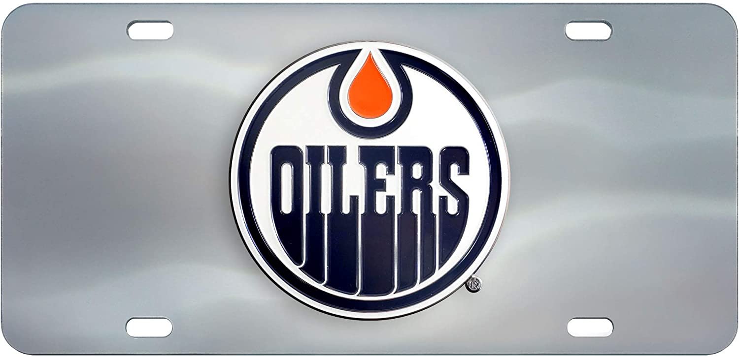 Edmonton Oilers License Plate Tag, Premium Stainless Steel Diecast, Chrome, Raised Solid Metal Color Emblem, 6x12 Inch