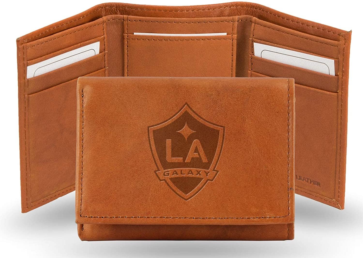Los Angeles LA Galaxy Premium Brown Leather Wallet, Trifold, Embossed Laser Engraved