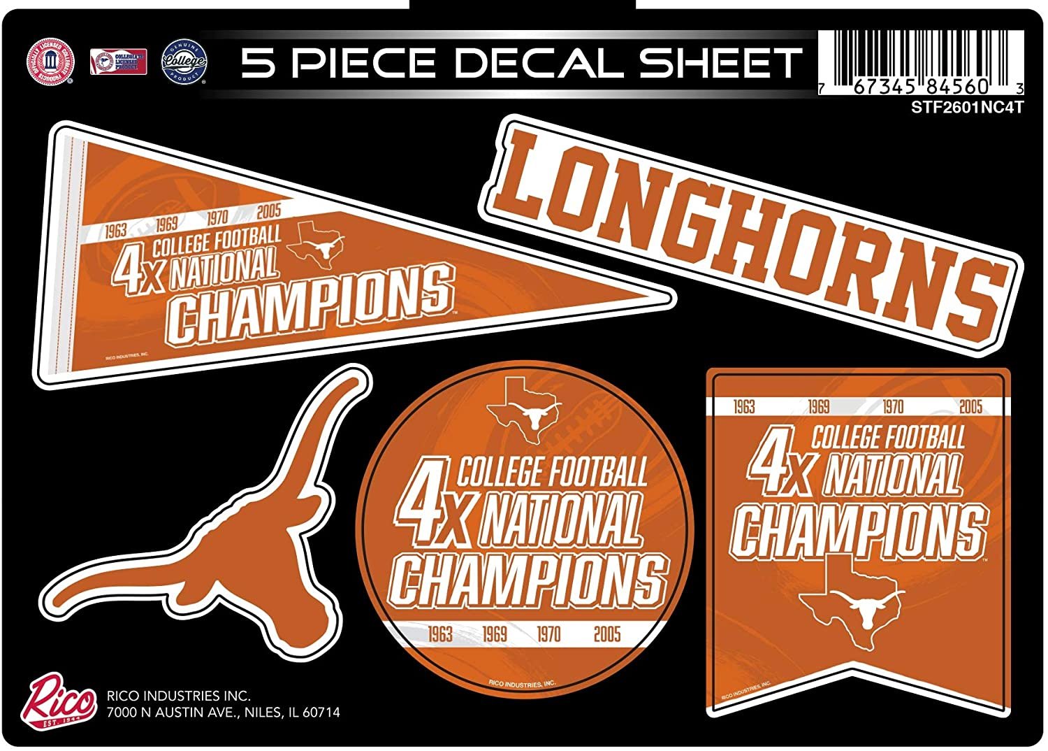 Texas Longhorns Decal Sticker Sheet 4X Time Champions 5 Piece Multi Flat Vinyl Emblem College Football University of