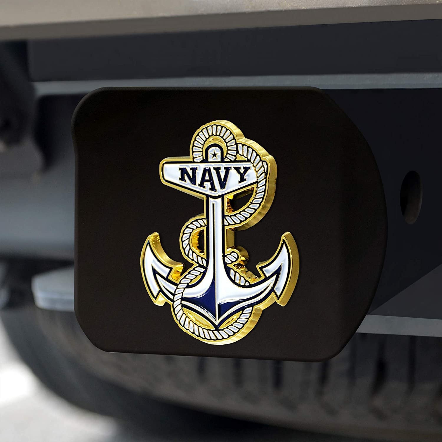United States Navy Hitch Cover Black Solid Metal with Raised Color Metal Emblem 2" Square Type III Military