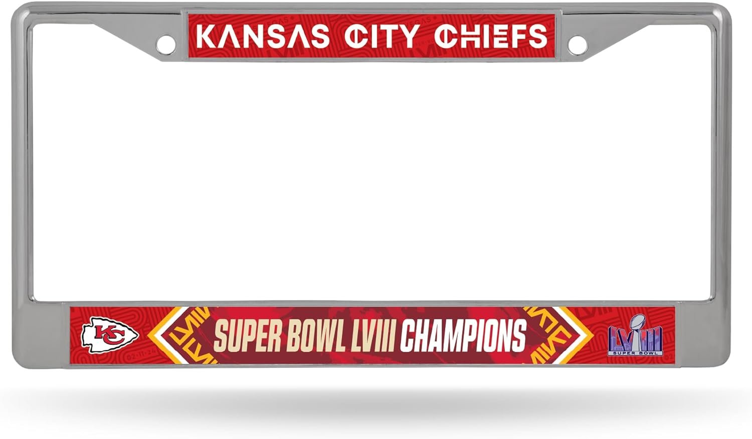 Kansas City Chiefs 2024 Super Bowl LVIII Champions Chrome Metal License Plate Frame Tag Cover, 12x6 Inch