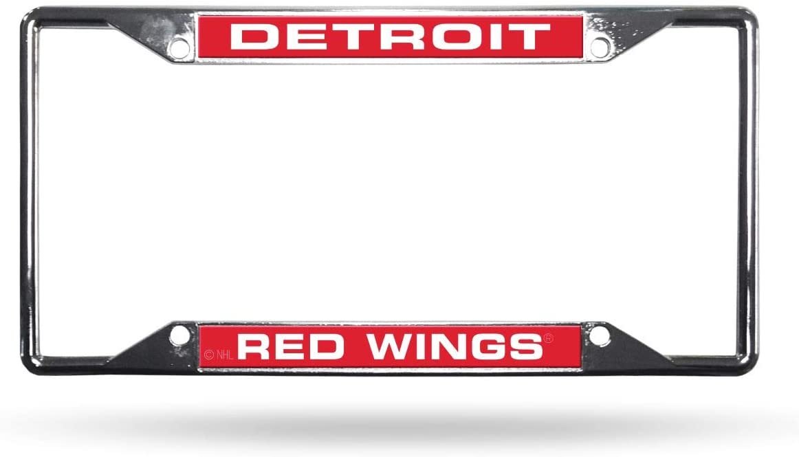 Detroit Red Wings Chrome Metal License Plate Frame Tag Cover, Laser Acrylic Mirrored Inserts, 12x6 Inch