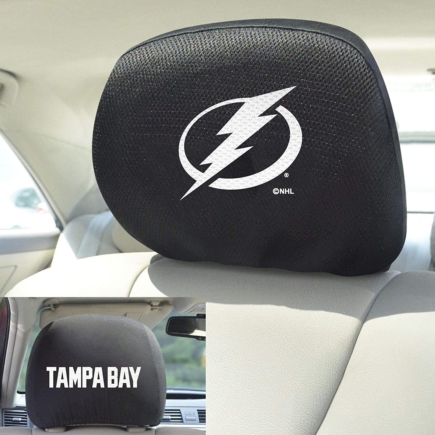 Tampa Bay Lightning Pair of Premium Auto Head Rest Covers, Embroidered, Black Elastic, 14x10 Inch