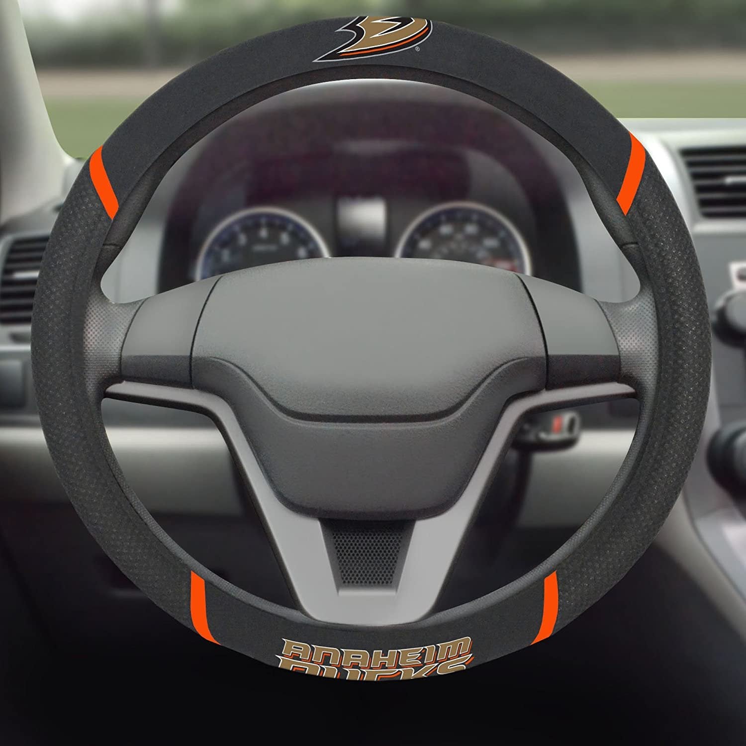 Anaheim Ducks Steering Wheel Cover Premium Embroidered Black 15 Inch