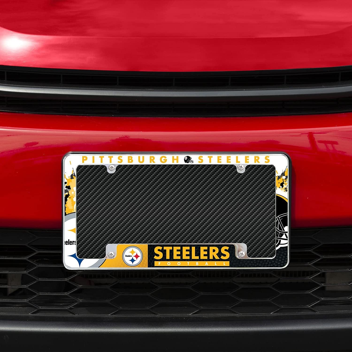 Pittsburgh Steelers Metal License Plate Frame Chrome Tag Cover All Over Design 12x6 Inch