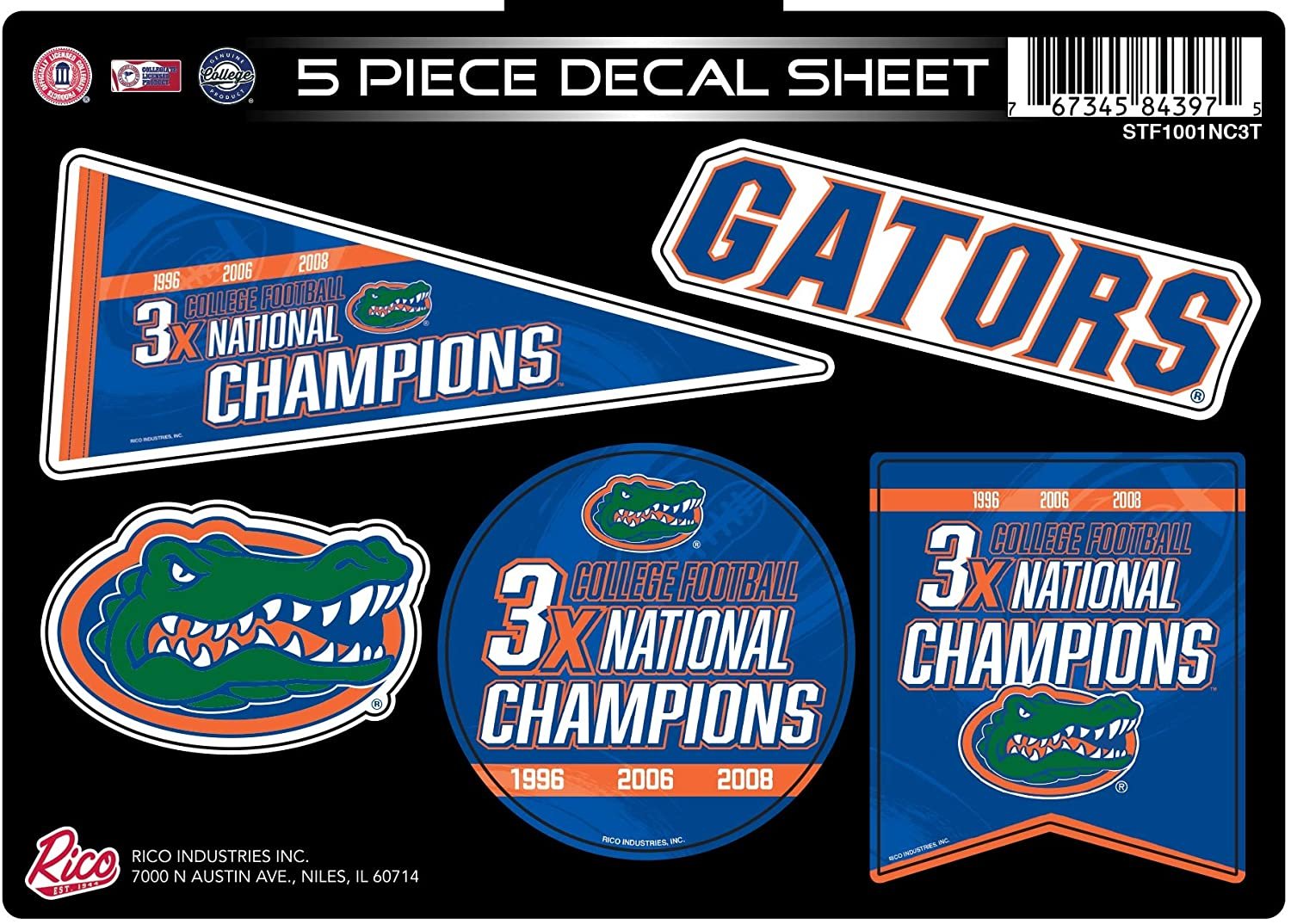 Florida Gators Decal Sticker Sheet 3X Time Champions 5 Piece Multi Flat Vinyl Emblem College Football University of