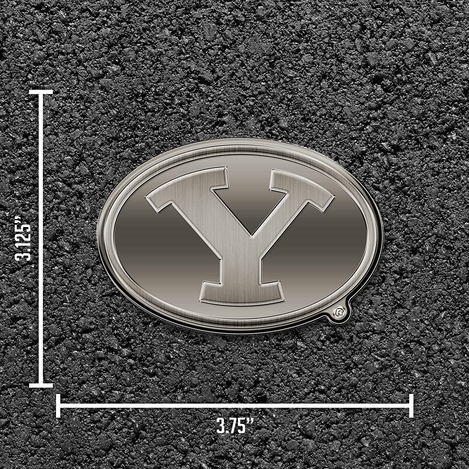Brigham Young University BYU Cougars Premium Solid Metal Raised Auto Emblem, Antique Nickel Finish, Shape Cut, Adhesive Backing