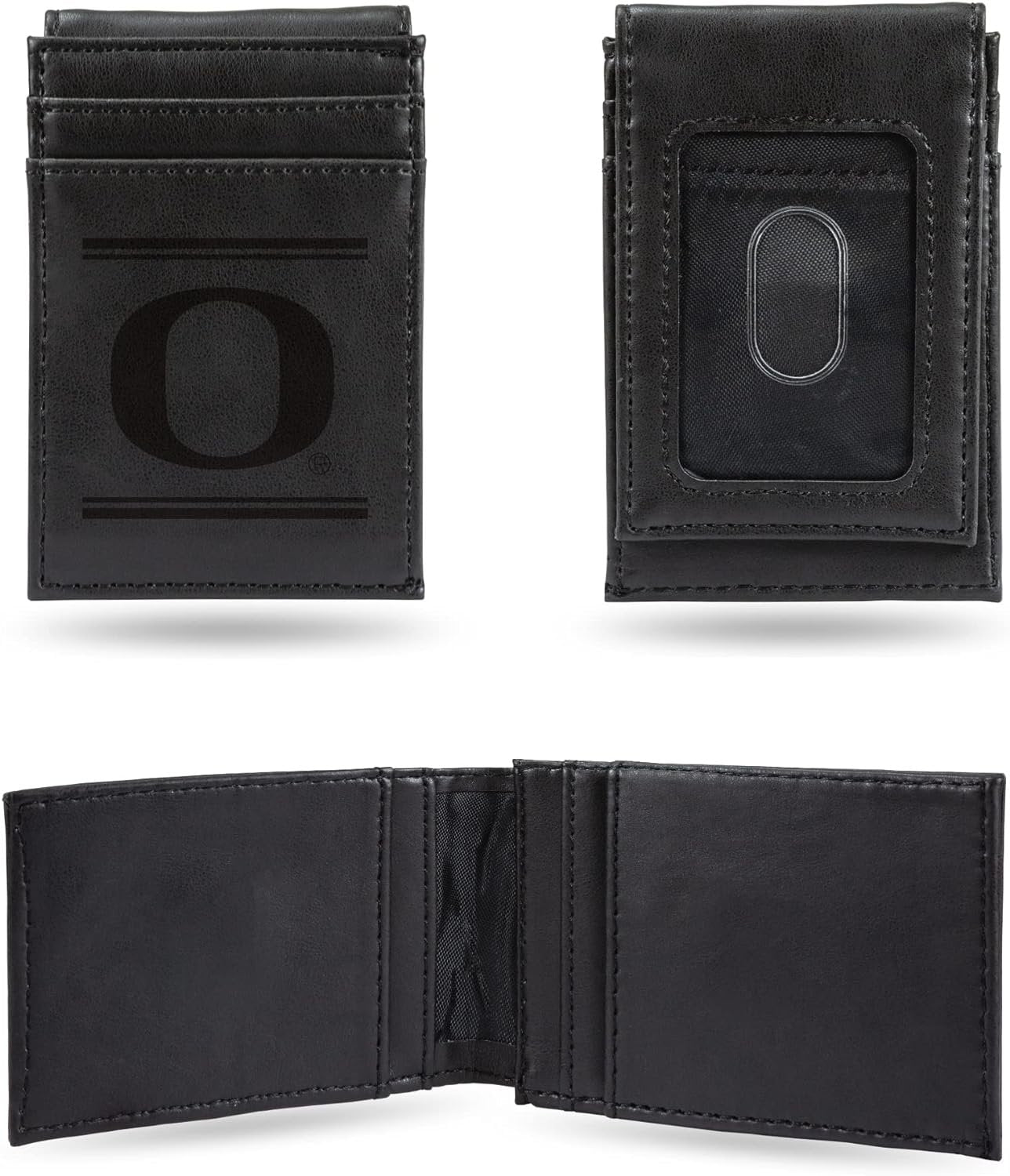 University of Oregon Ducks Premium Black Leather Wallet, Front Pocket Magnetic Money Clip, Laser Engraved, Vegan