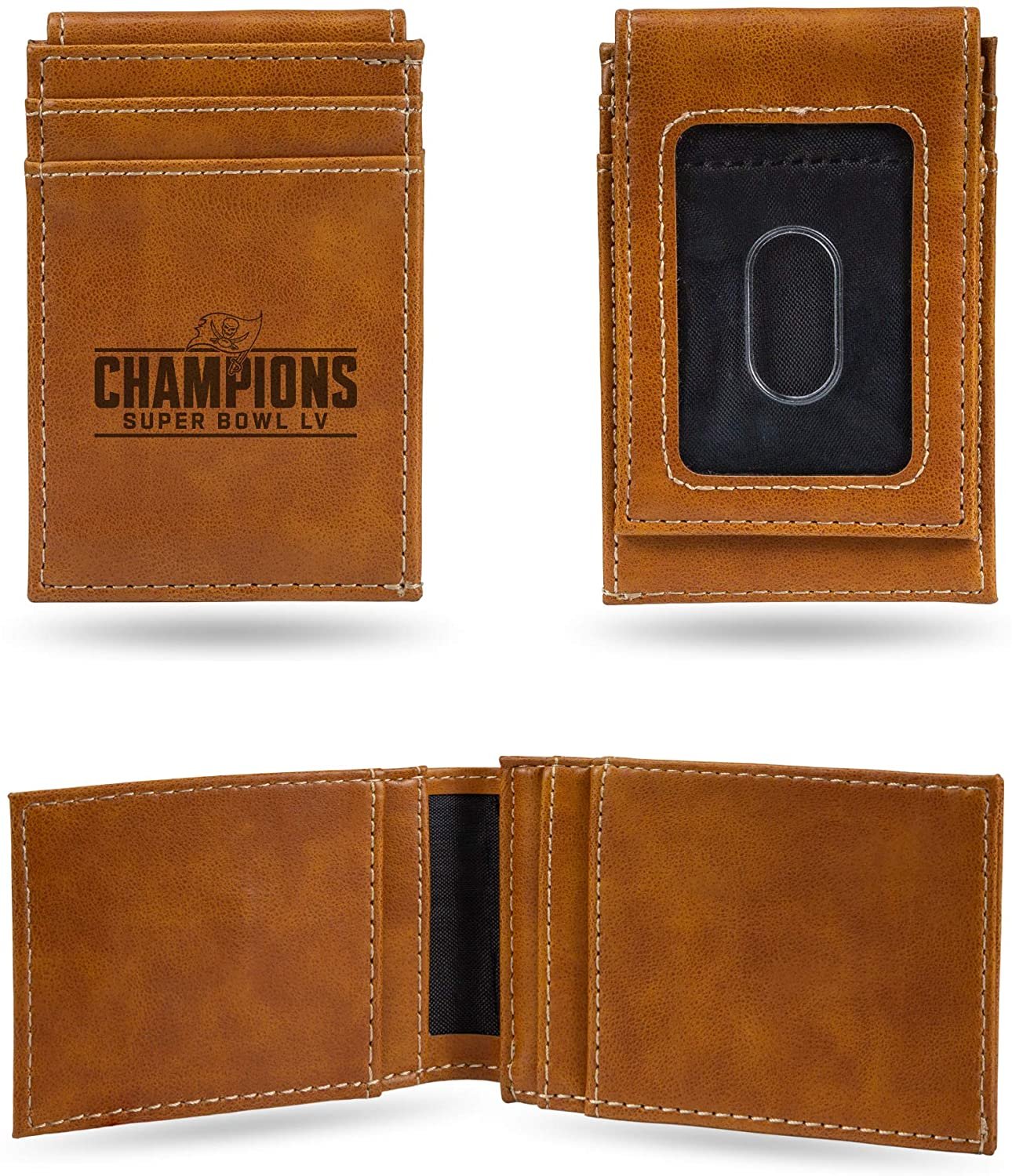 Tampa Bay Buccaneers Super Bowl LV Champions Premium Brown Leather Wallet, Front Pocket Magnetic Money Clip, Laser Engraved