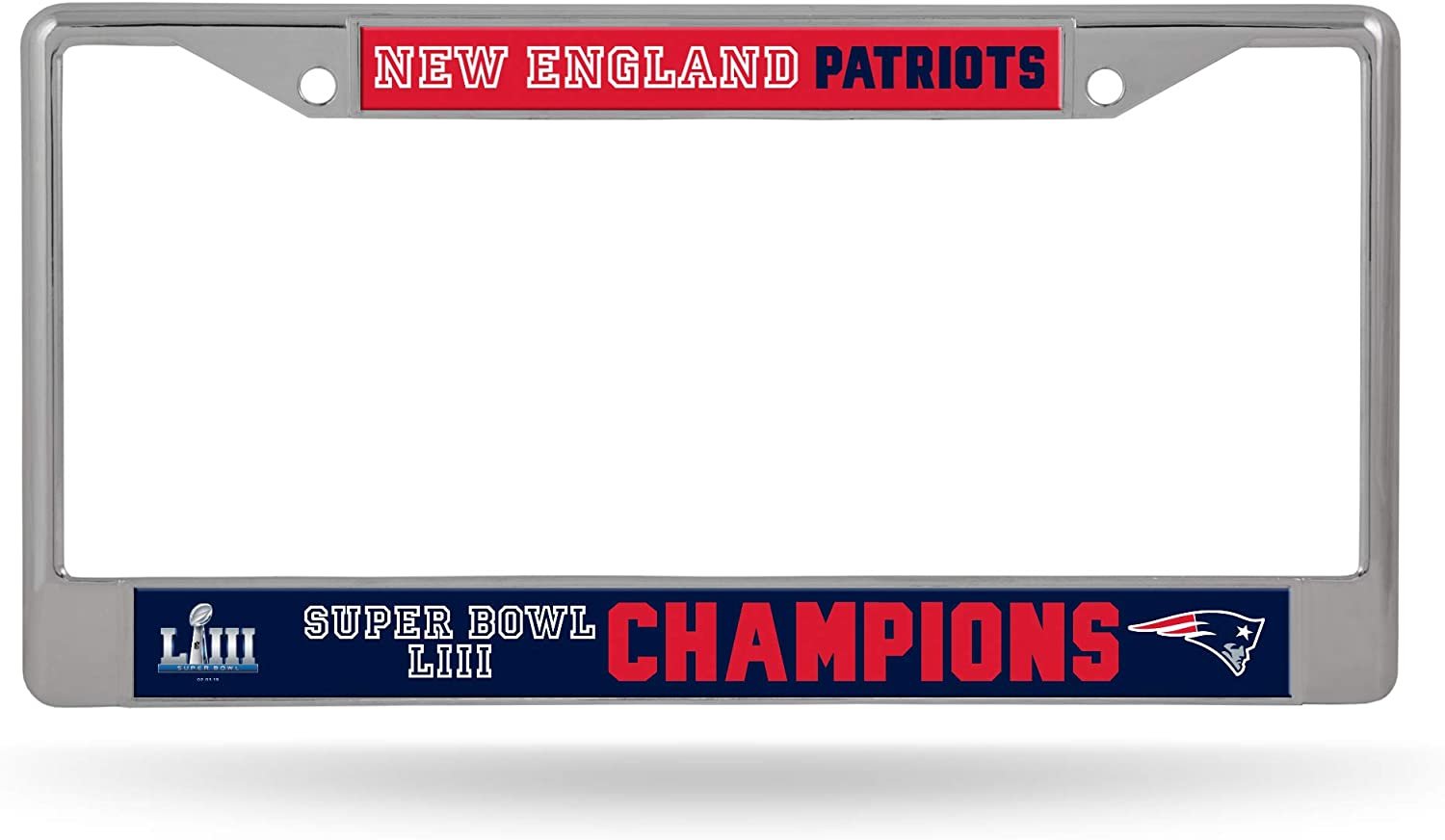 New England Patriots Super Bowl LIII Champions Premium Metal License License Plate Frame Chrome Tag Cover, 12x6 Inch