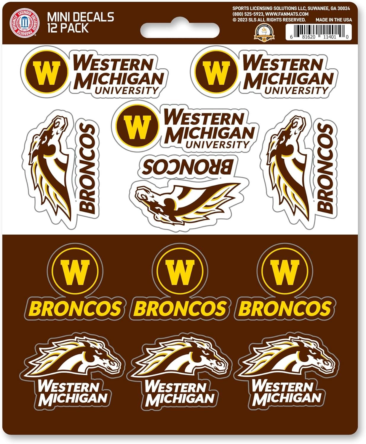 Western Michigan University Broncos 12-Piece Mini Decal Sticker Set, 5x6 Inch Sheet, Gift for football fans for any hard surfaces around home, automotive, personal items