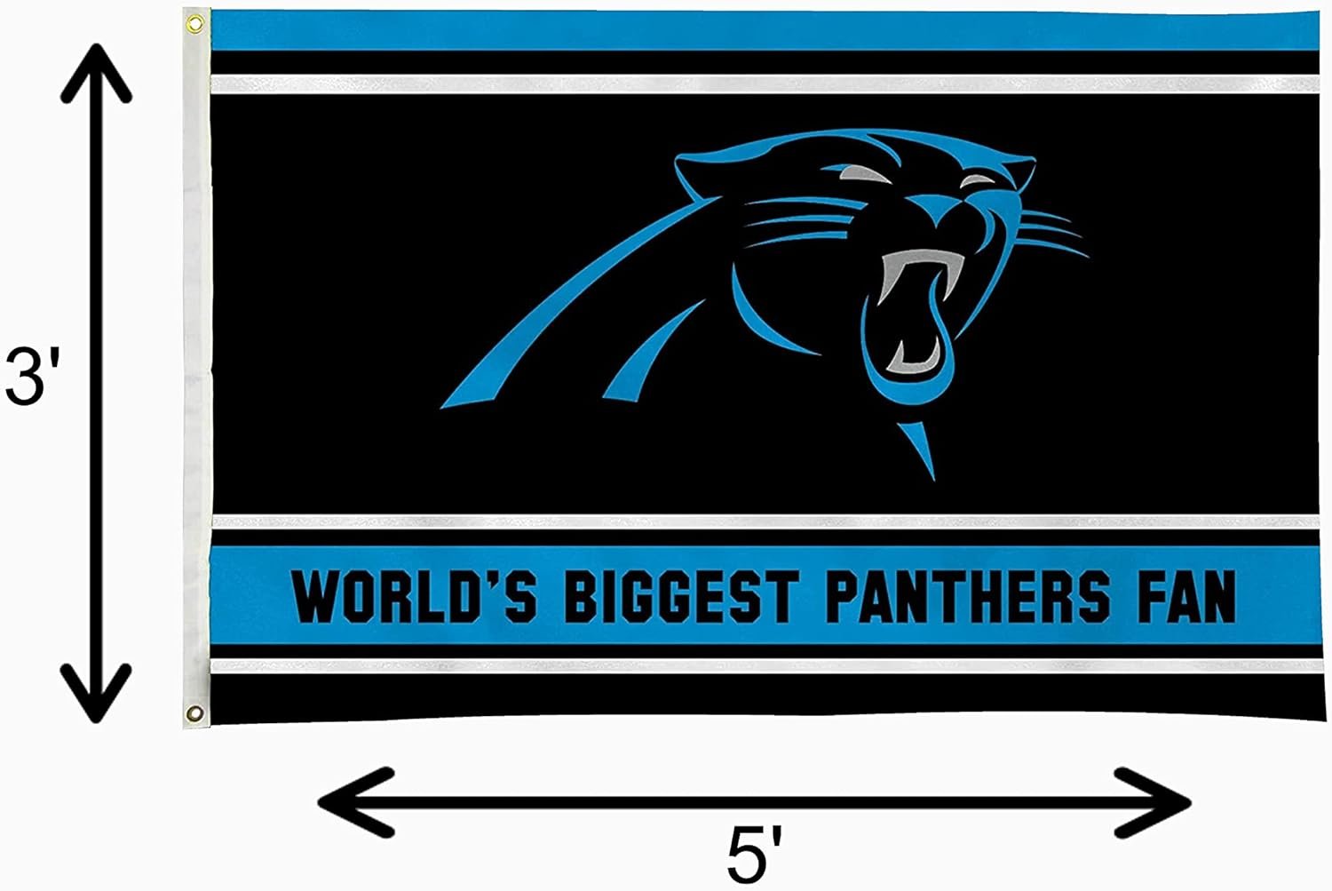 Carolina Panthers 3x5 Feet Flag Banner, World's Biggest Fan, Metal Grommets, Single Sided, Indoor or Outdoor Use