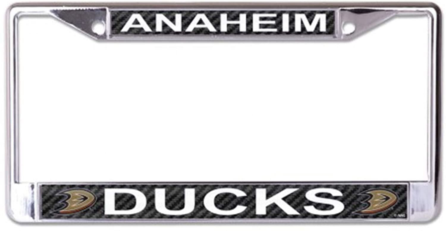 Anaheim Ducks Chrome Metal License Plate Frame Tag Cover, Laser Mirrored Inserts, Carbon Fiber Design, 12x6 Inch