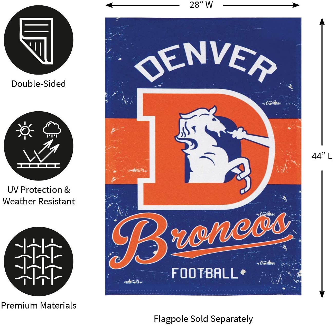 Denver Broncos Premium Garden Flag Banner, Double Sided, Retro Vintage Style, Linen, 13x18 Inch