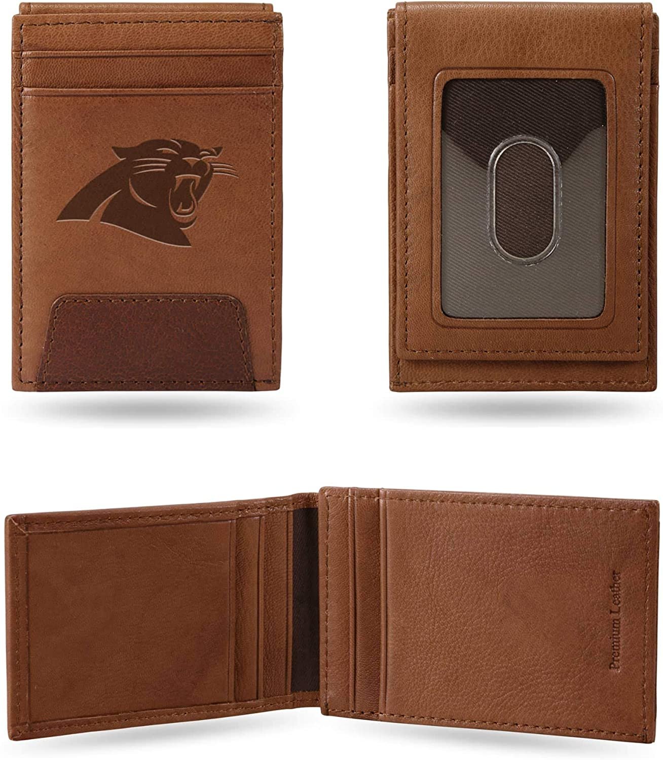 Carolina Panthers Premium Brown Leather Wallet, Front Pocket Magnetic Money Clip, Laser Engraved