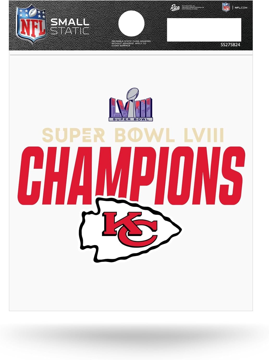 Kansas City Chiefs 2024 Super Bowl Champions Static Cling Decal Sticker, 3 Inch, Flat Vinyl, Peel and Stick
