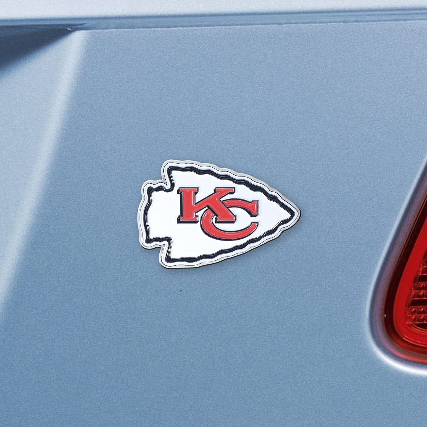 Kansas City Chiefs Premium Solid Metal Raised Auto Emblem, Team Color, Shape Cut, Adhesive Backing