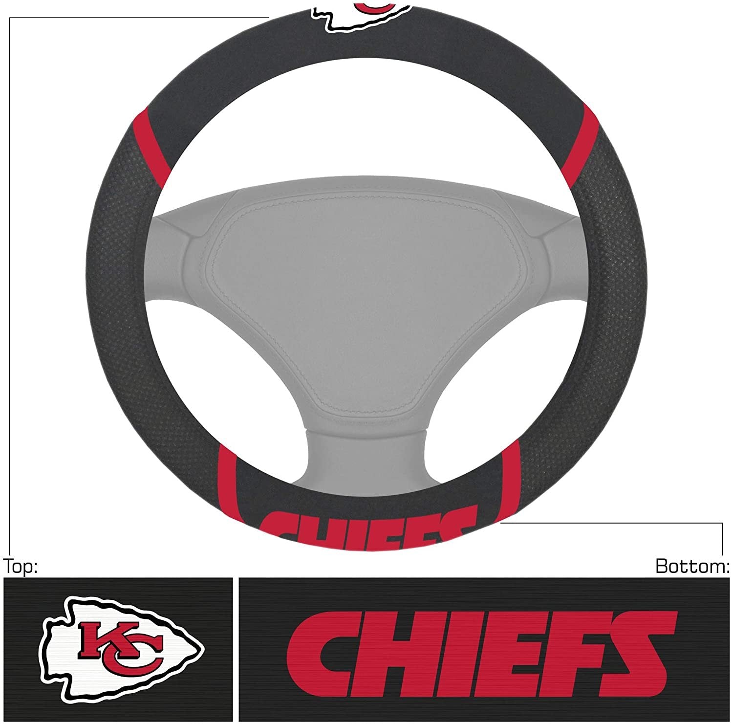 Kansas City Chiefs Steering Wheel Cover Premium Embroidered Black 15 Inch