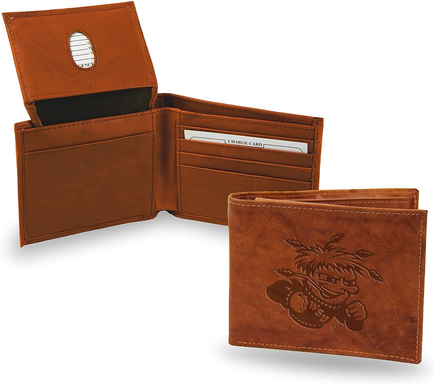 Wichita State University Shockers Premium Brown Leather Wallet, Bifold Billfold, Embossed Laser Engraved