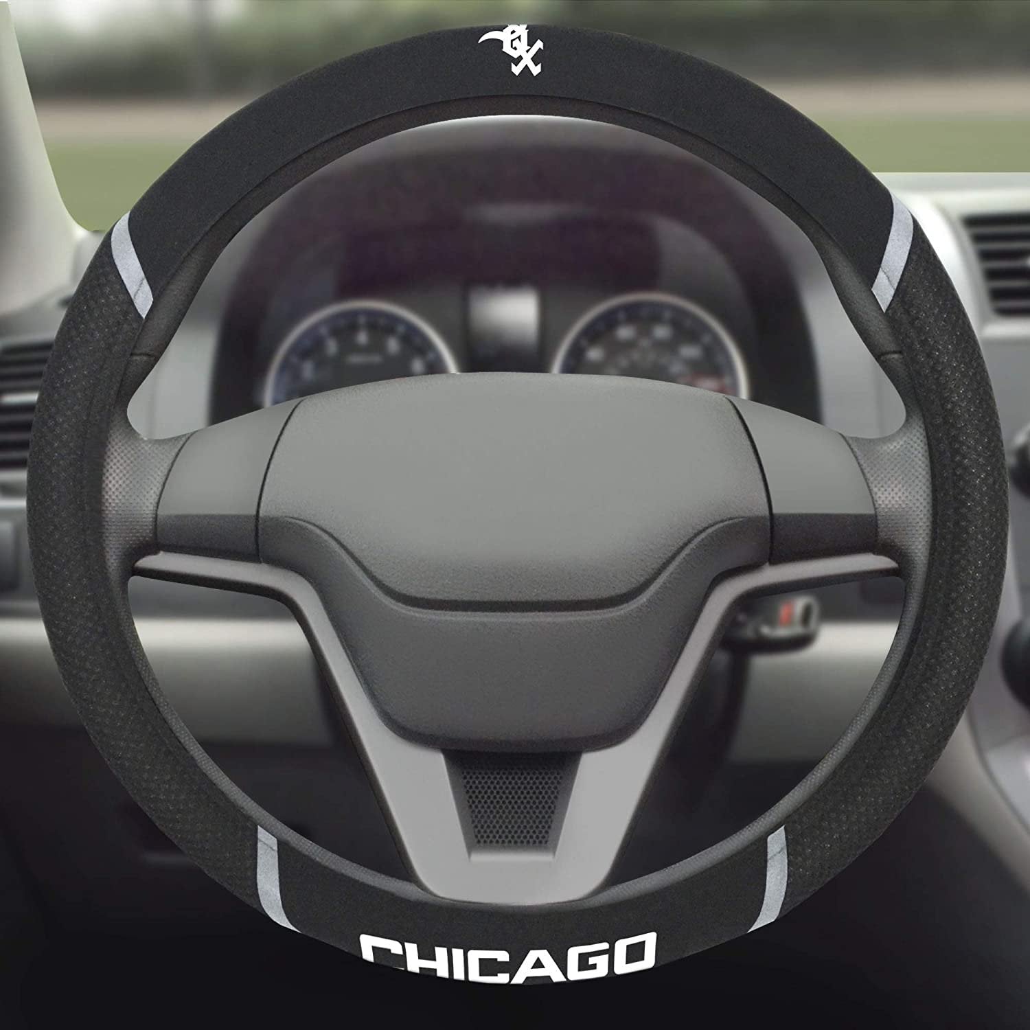 Chicago White Sox Steering Wheel Cover Premium Embroidered Black 15 Inch