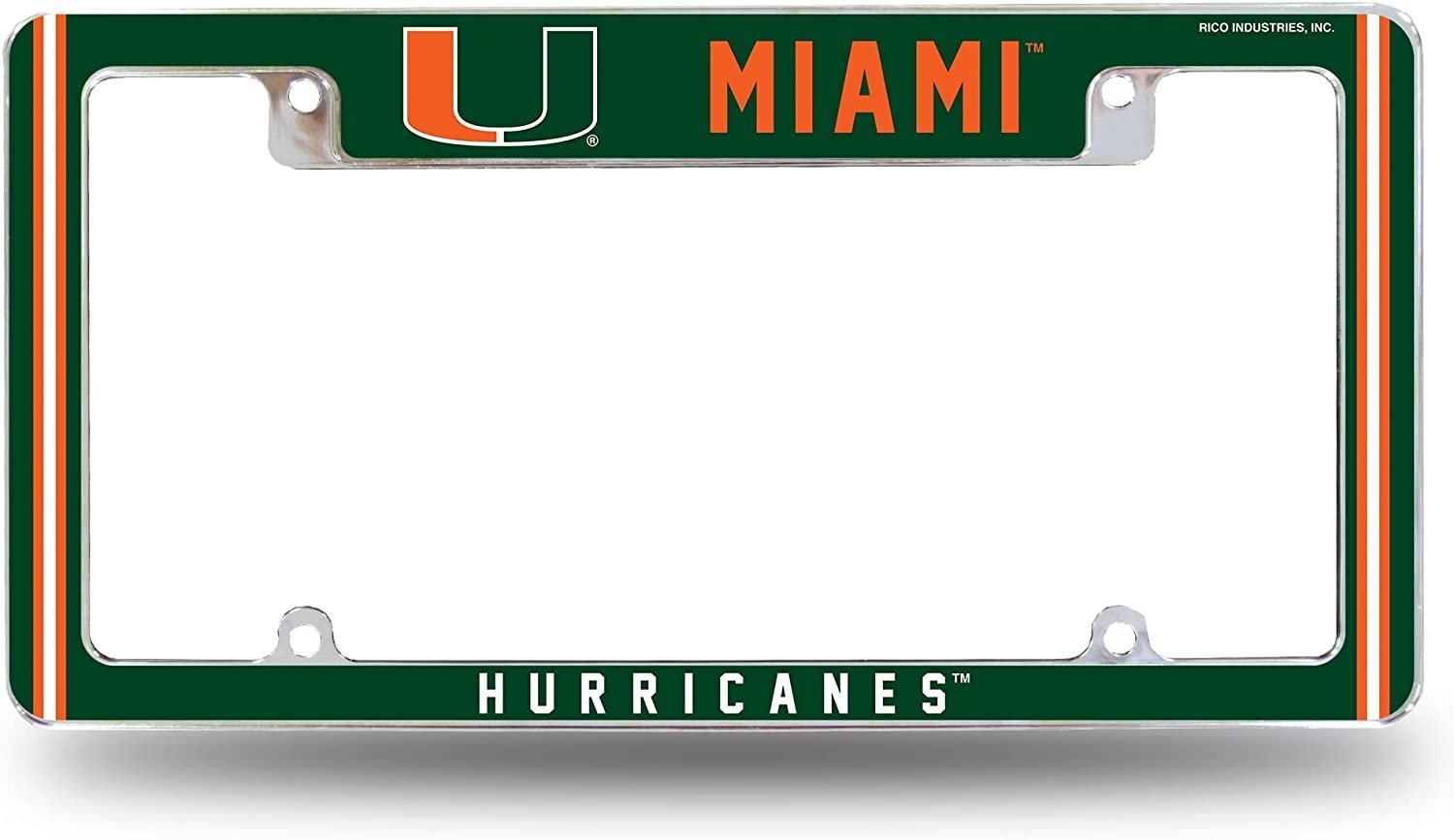 University of Miami Hurricanes Metal License Plate Frame Chrome Tag Cover Alternate Design 6x12 Inch