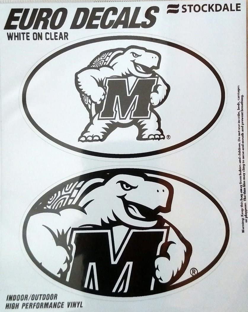 University Maryland Terrapins 2-Piece White and Clear Euro Decal Sticker Set, 4x2.5 Inch Each