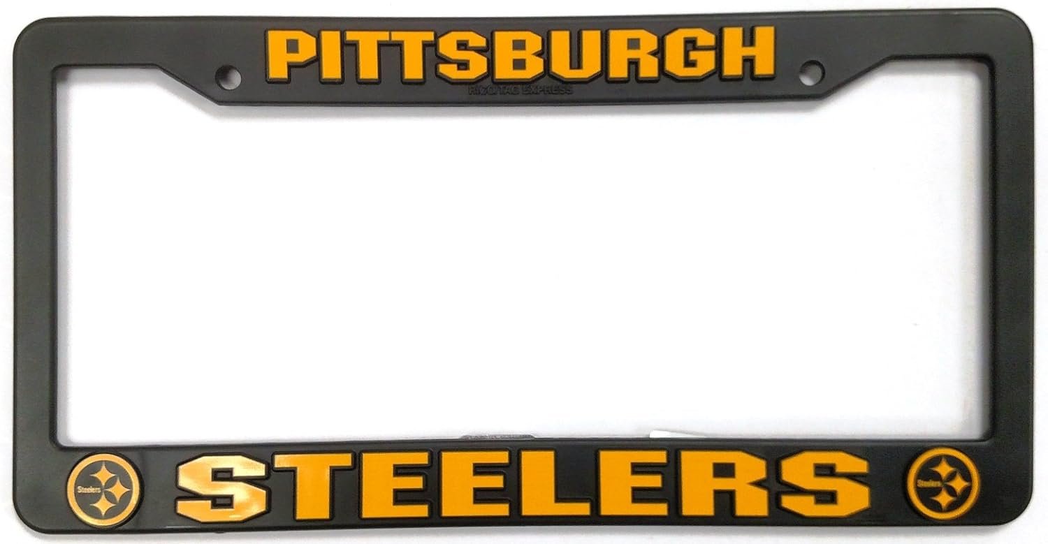 Pittsburgh Steelers License Plate Frame Tag Cover, Black Plastic, 12x6 Inch