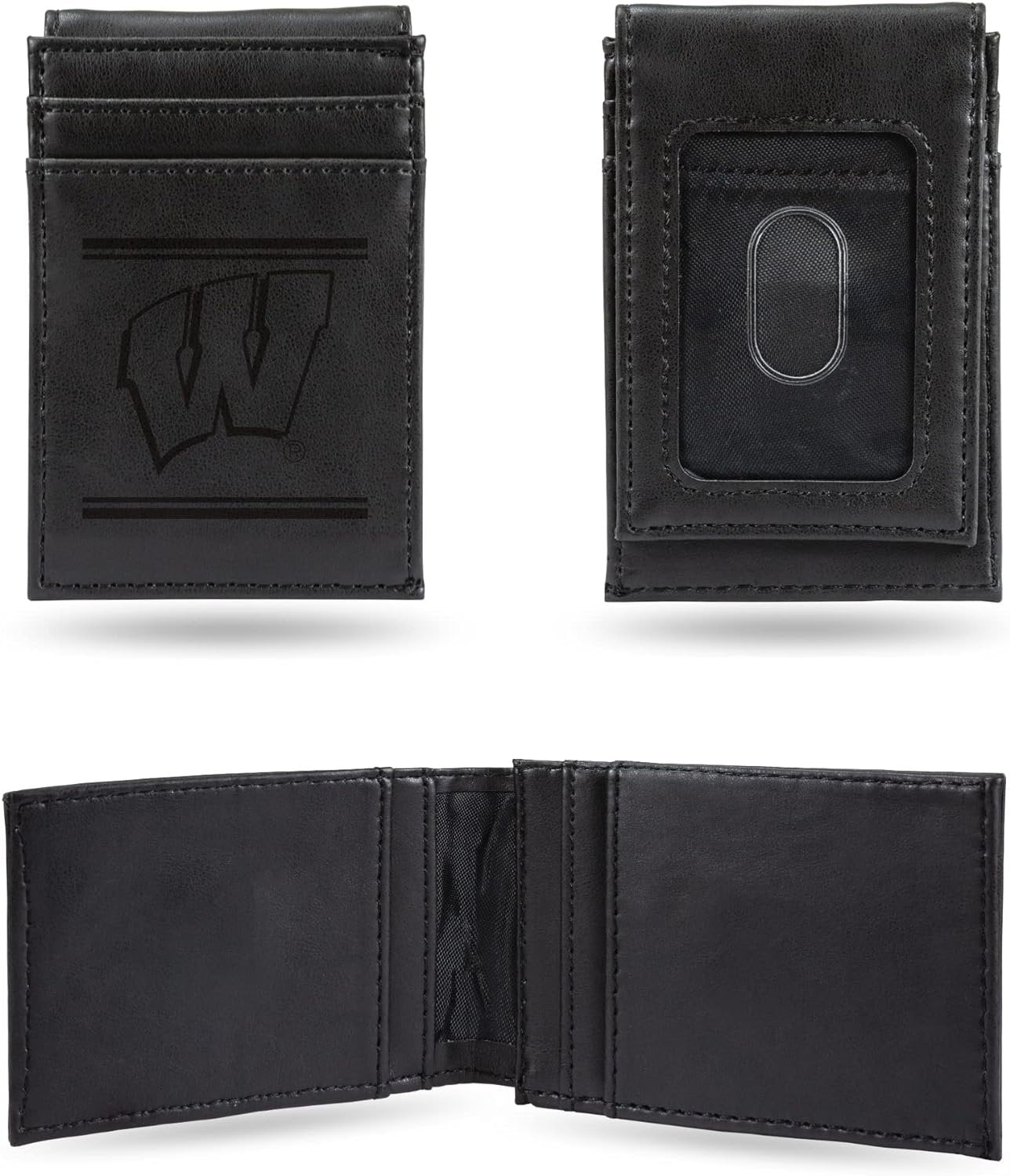 University of Wisconsin Badgers Premium Black Leather Wallet, Front Pocket Magnetic Money Clip, Laser Engraved, Vegan