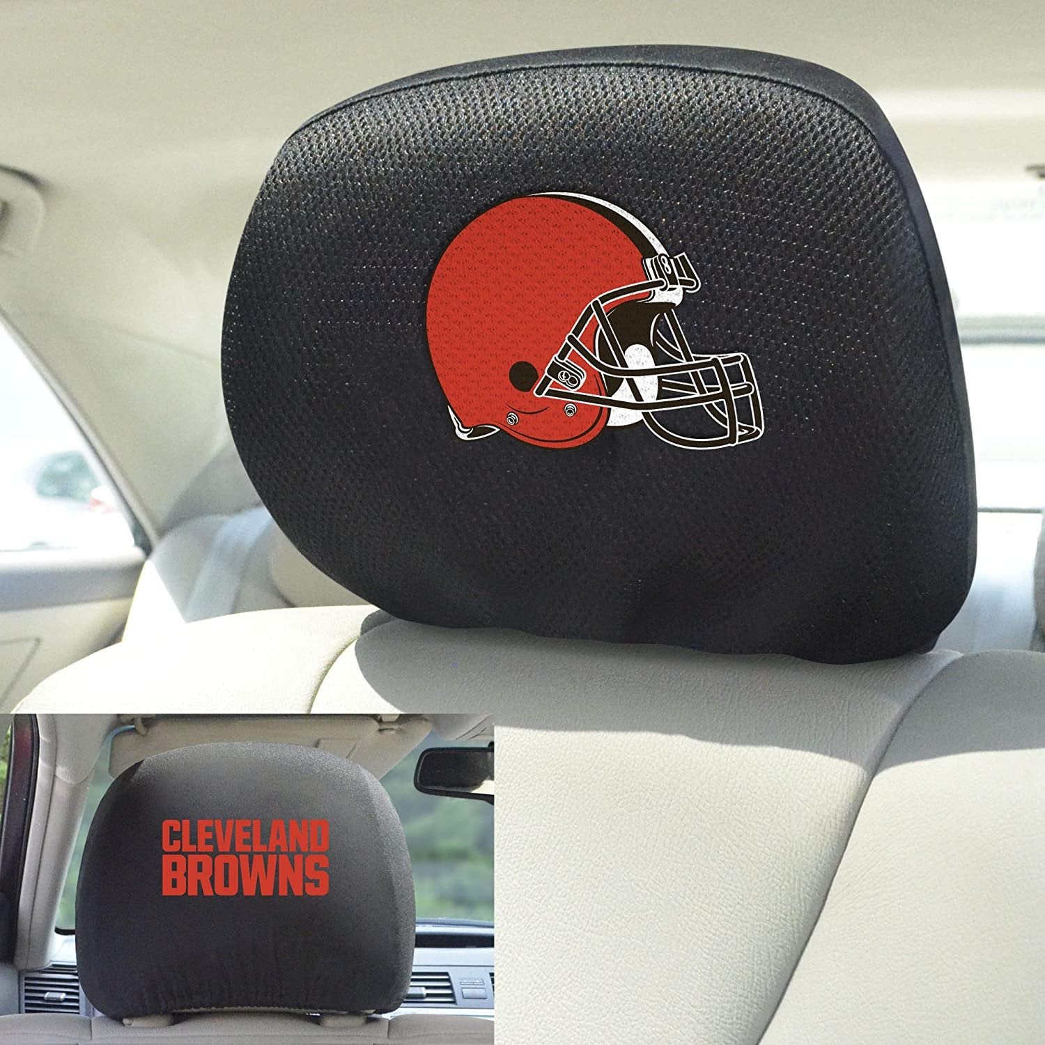 Cleveland Browns Pair of Premium Auto Head Rest Covers, Embroidered, Black Elastic, 14x10 Inch