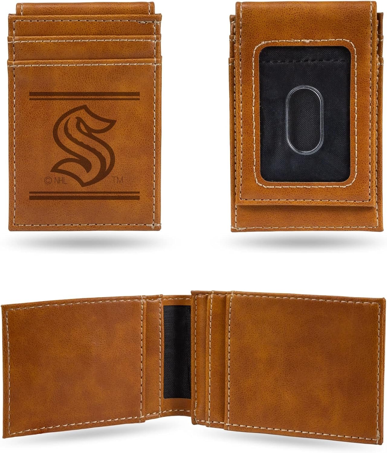 Seattle Kraken Premium Brown Leather Wallet, Front Pocket Magnetic Money Clip, Laser Engraved, Vegan