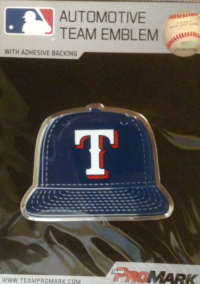 Texas Rangers Baseball Cap Auto Emblem, Aluminum Metal, Embossed Team Color, Raised Decal Sticker, Full Adhesive Backing