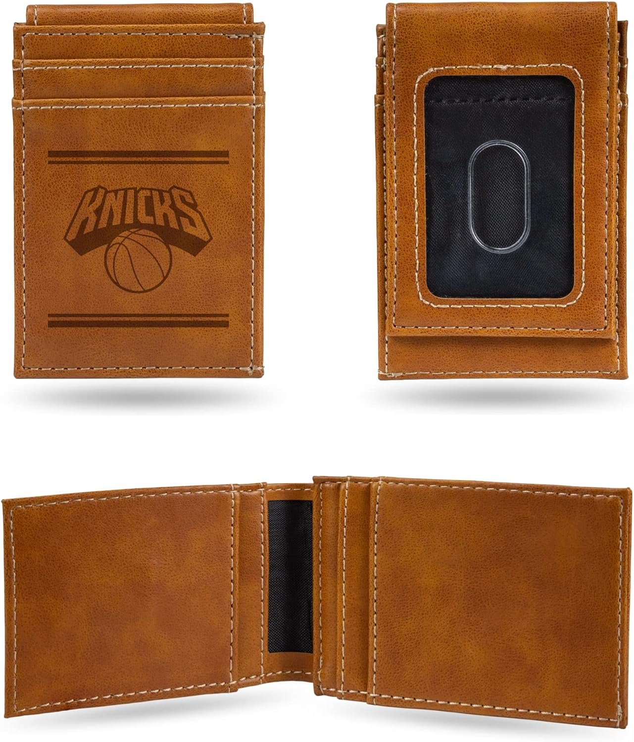 New York Knicks Premium Brown Leather Wallet, Front Pocket Magnetic Money Clip, Laser Engraved, Vegan