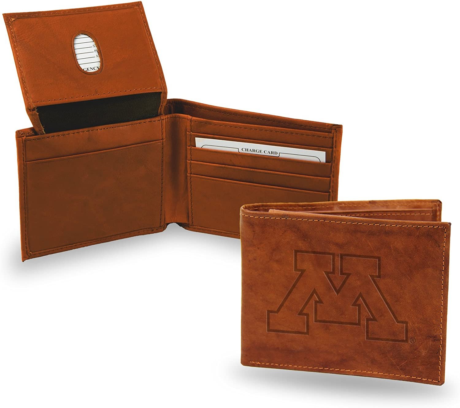 University of Minnesota Golden Gophers Premium Brown Leather Wallet, Bifold Billfold, Embossed Laser Engraved