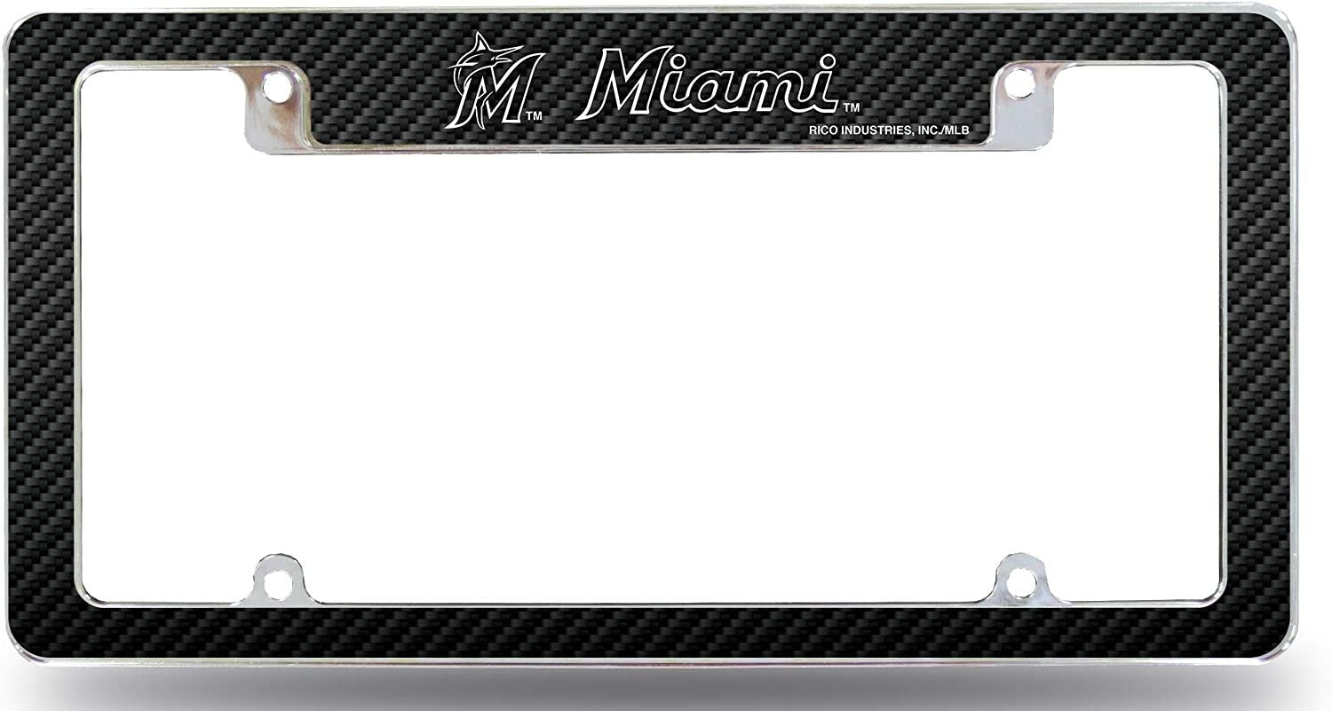 Miami Marlins Metal License Plate Frame Chrome Tag Cover, Carbon Fiber Design, 12x6 Inch