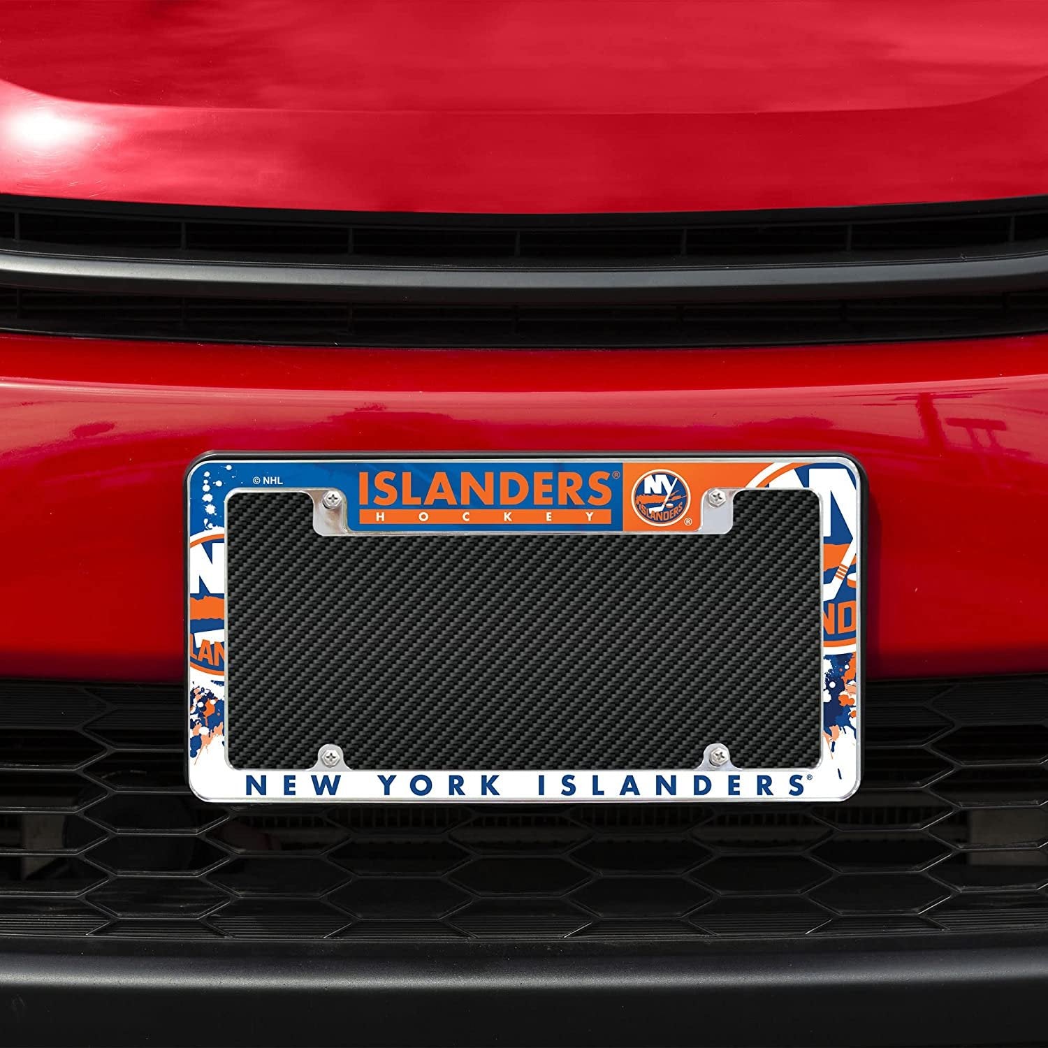 New York Islanders Metal License Plate Frame Chrome Tag Cover, All Over Design, 12x6 Inch