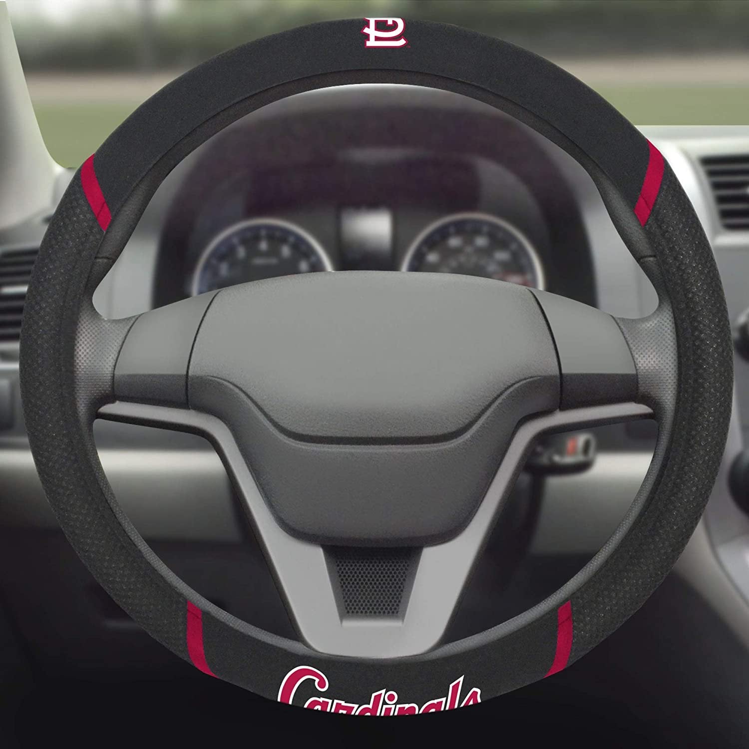 St Louis Cardinals Steering Wheel Cover Premium Embroidered Black 15 Inch