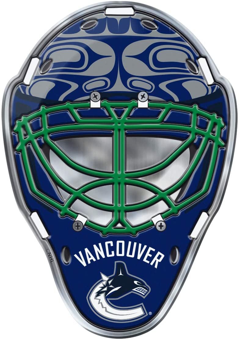 Vancouver Canucks Mask Auto Emblem, Aluminum Metal, Embossed Team Color, Raised Decal Sticker, Full Adhesive Backing
