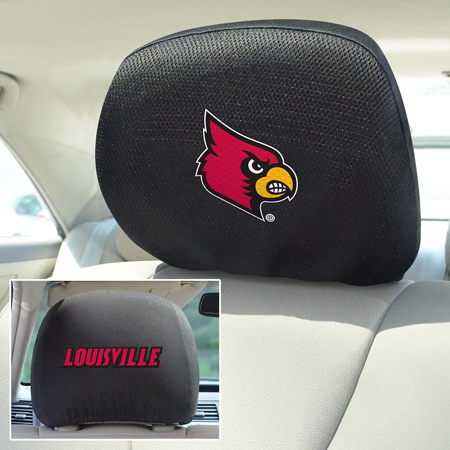University of Louisville Cardinals Pair of Premium Auto Head Rest Covers, Embroidered, Black Elastic, 14x10 Inch