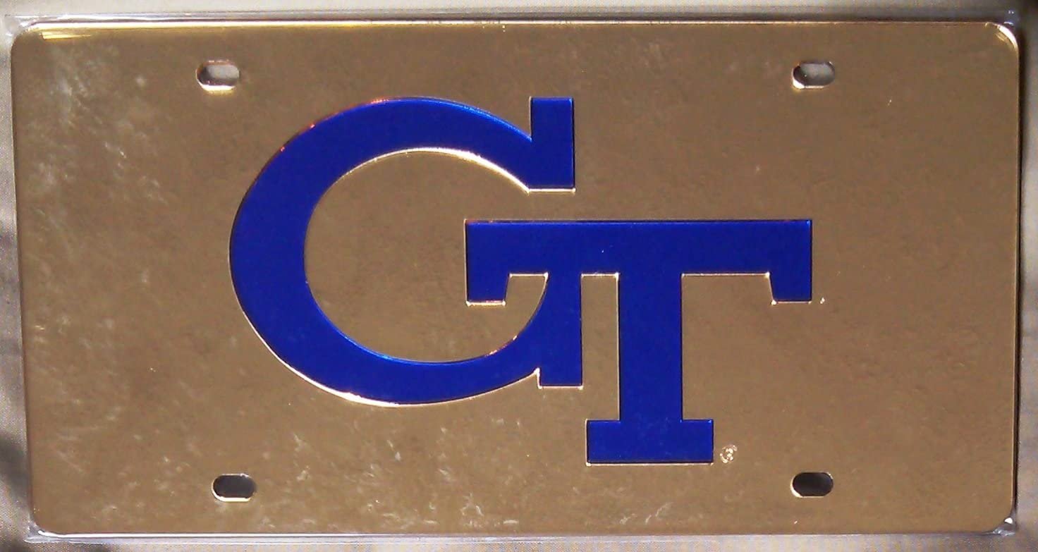 Georgia Tech University Yellow Jackets Premium Laser Cut Tag License Plate, Mirrored Acrylic, Inlaid, Gold, 12x6 Inch