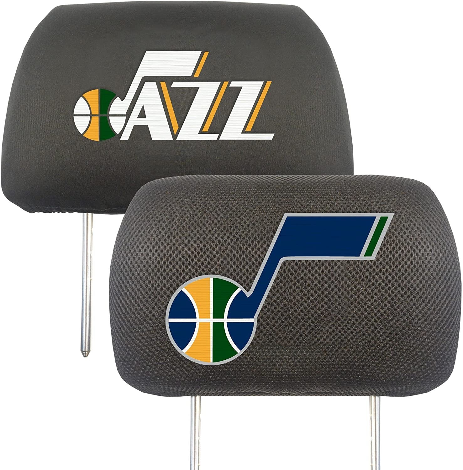 Utah Jazz Pair of Premium Auto Head Rest Covers, Embroidered, Black Elastic, 14x10 Inch