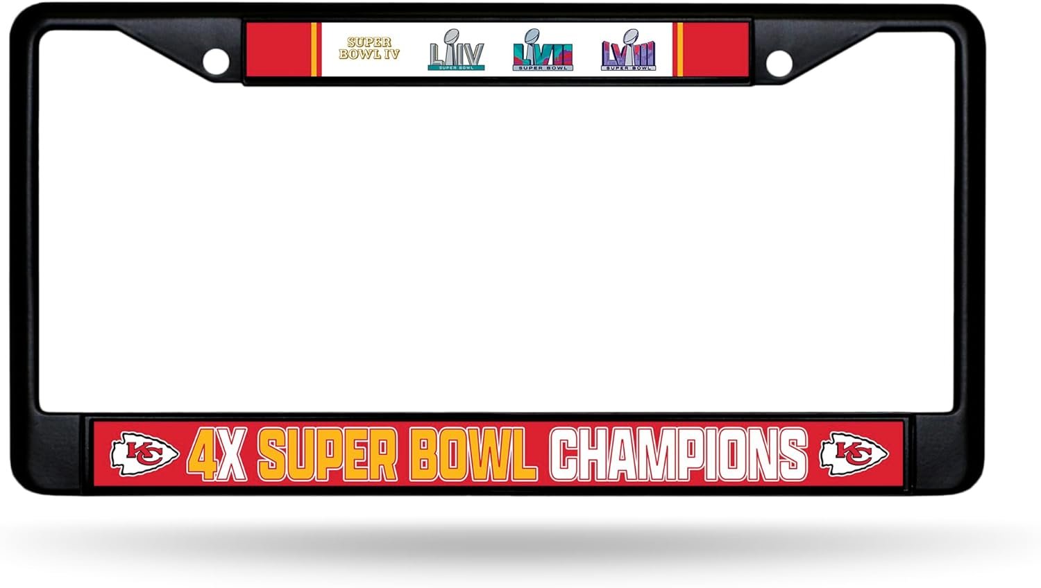 Kansas City Chiefs 4X Super Bowl Champions Black Chrome Metal License Plate Frame Tag Cover, Decal Inserts, 12x6 Inch
